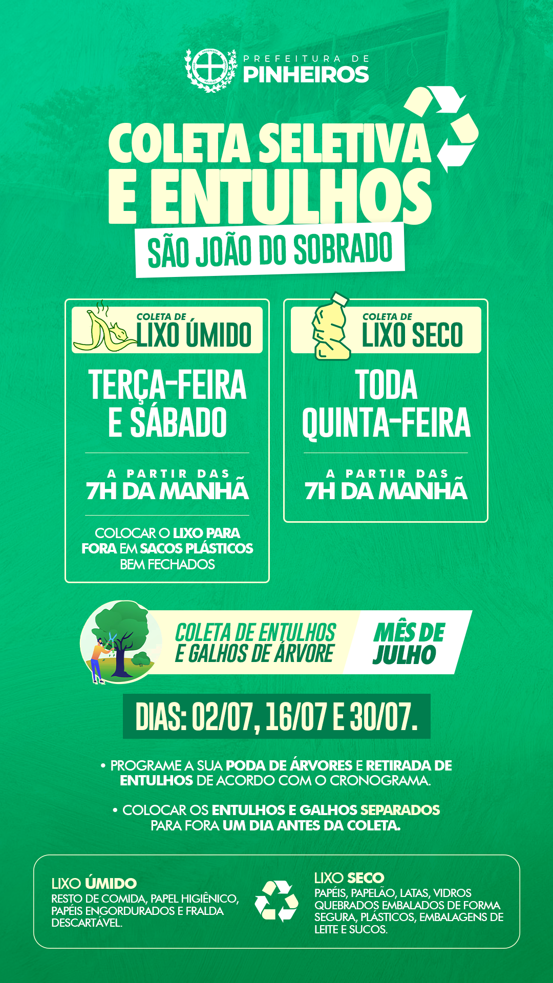 Após remover lixão, prefeitura divulga cronograma para coleta seletiva de lixo e entulhos em São João do Sobrado 