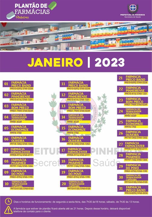 Calendário do Plantão de Farmácias do mês de janeiro