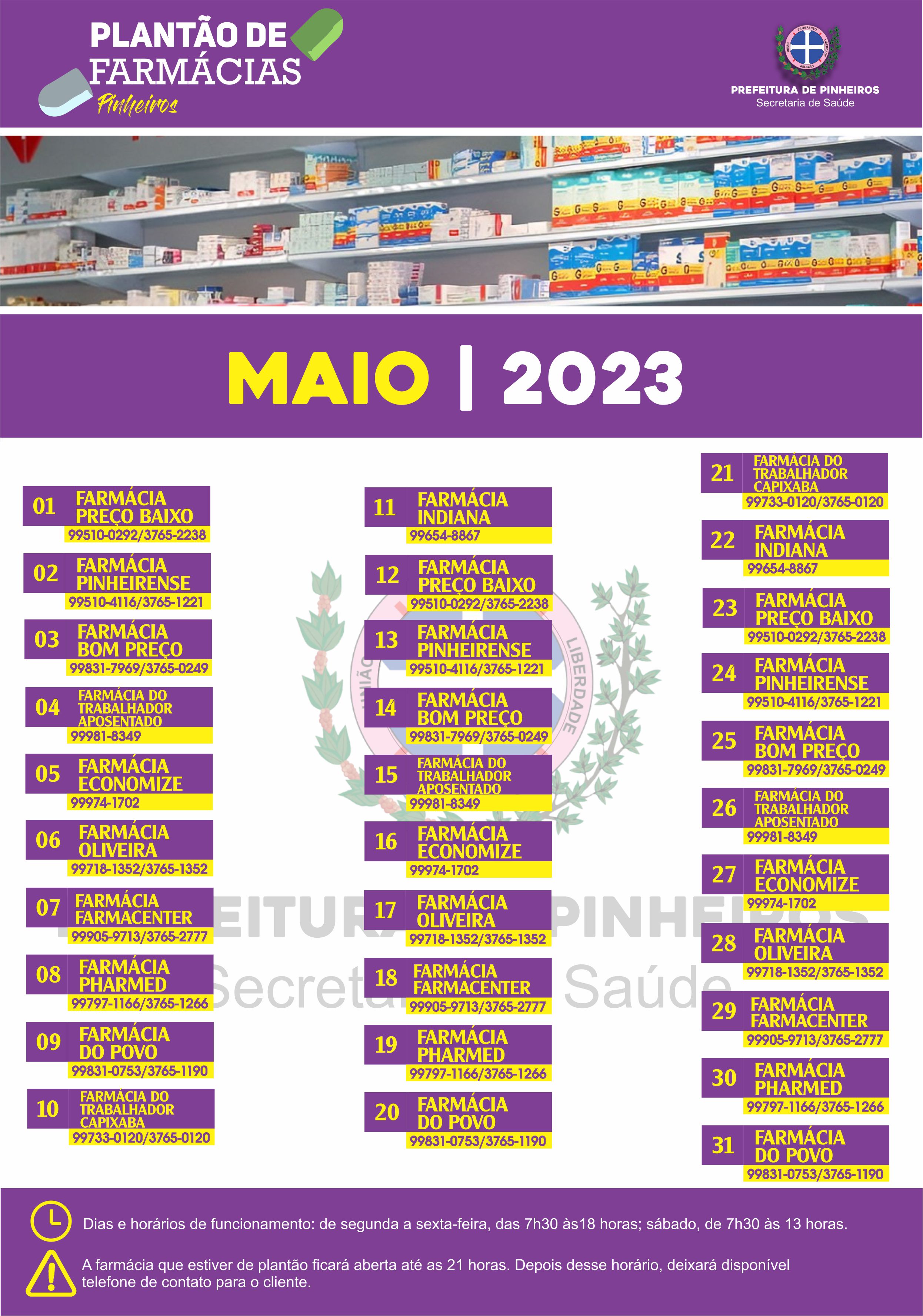 Calendário do Plantão de Farmácias do mês de maio
