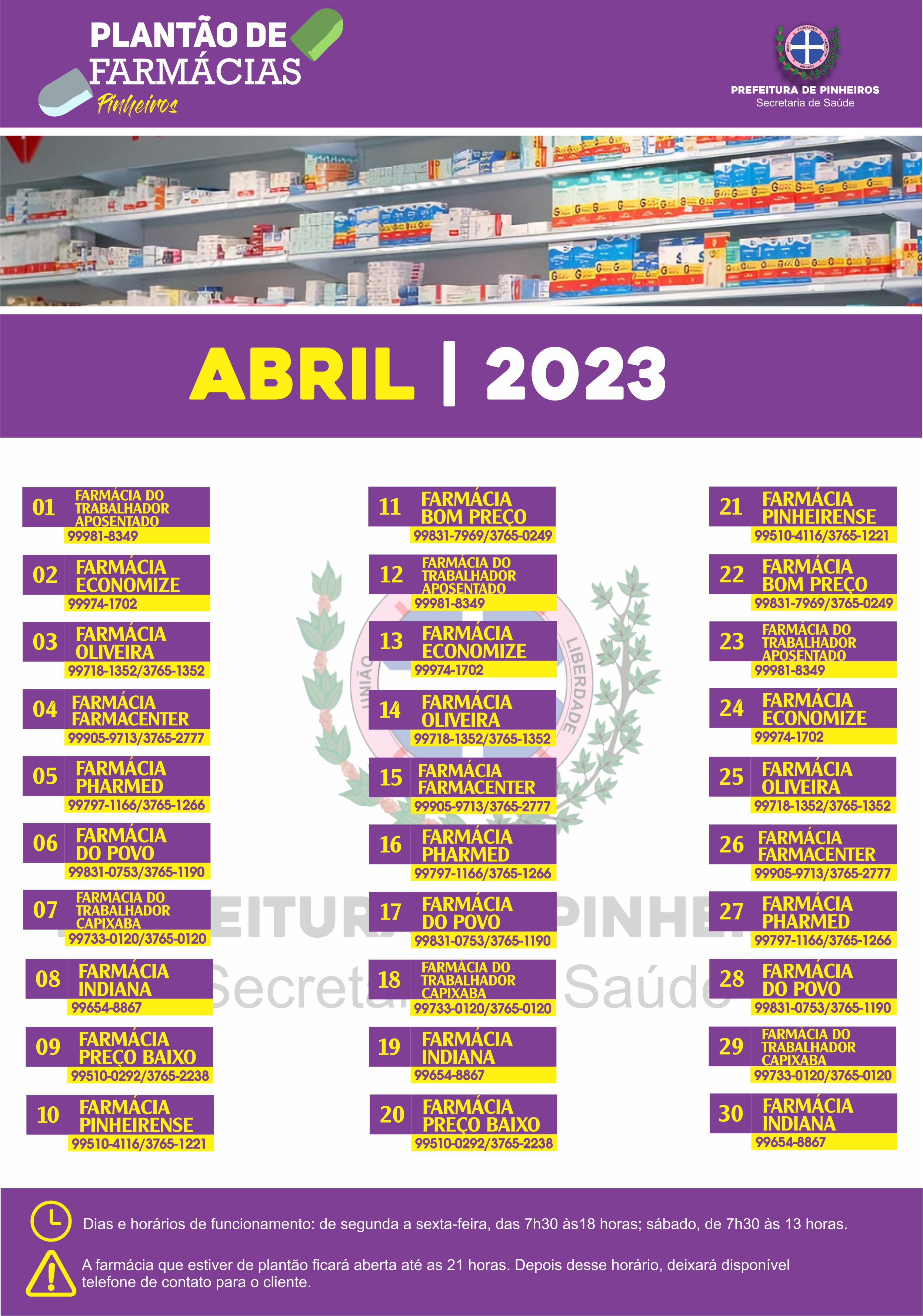 Calendário do Plantão de Farmácias do mês de abril