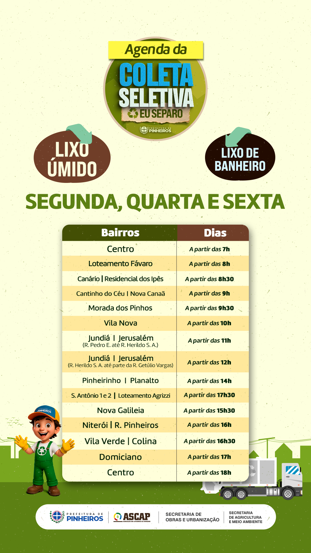 Prefeitura divulga cronograma da coleta de lixo na sede e interior de Pinheiros