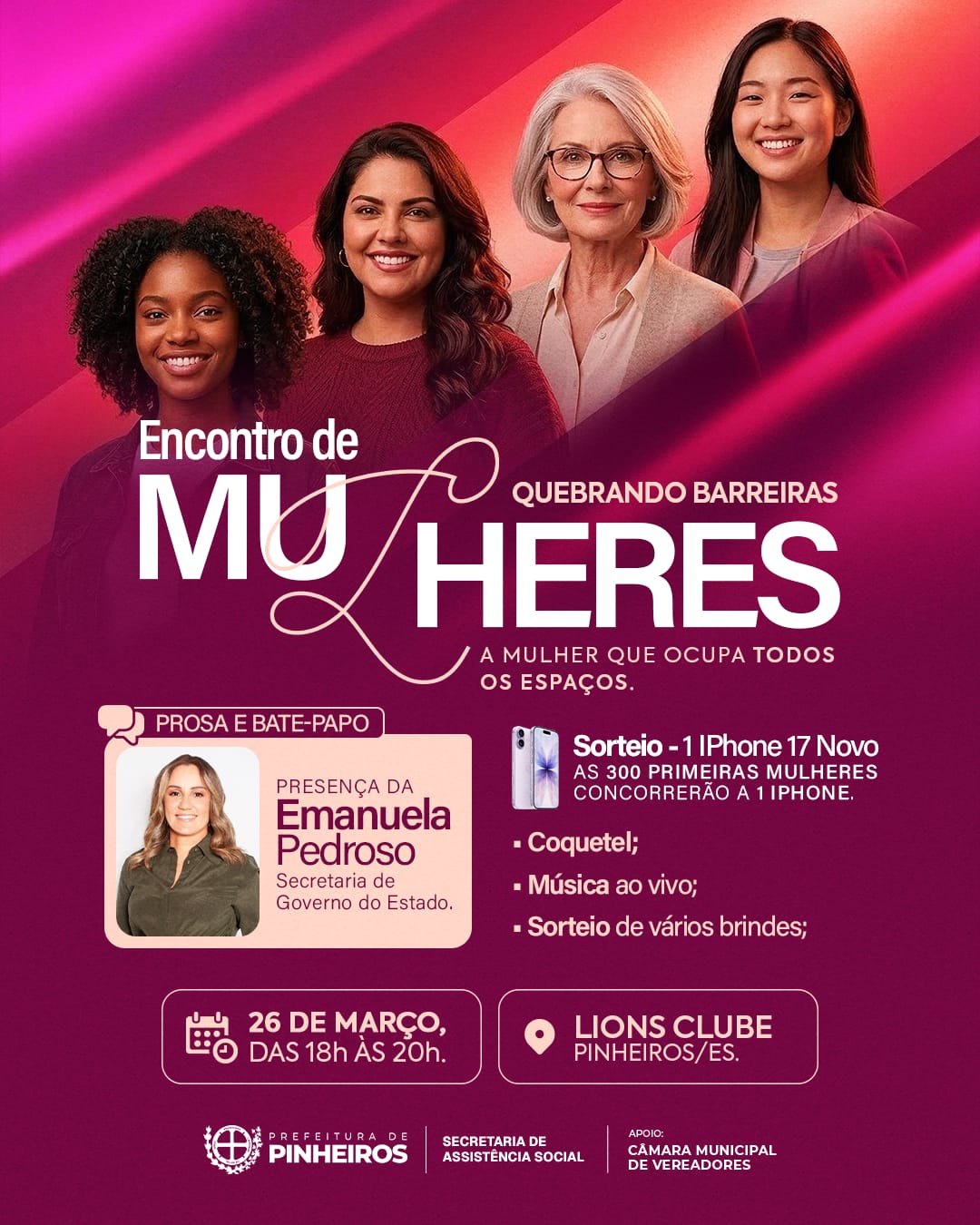 Pinheiros promove encontro voltado ao protagonismo feminino com palestra, música e sorteios