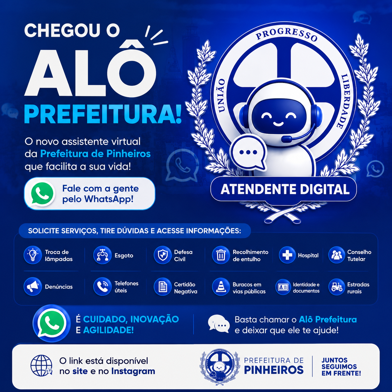 Prefeitura de Pinheiros lança o Alô Prefeitura, novo robô assistente para transformar o atendimento à população