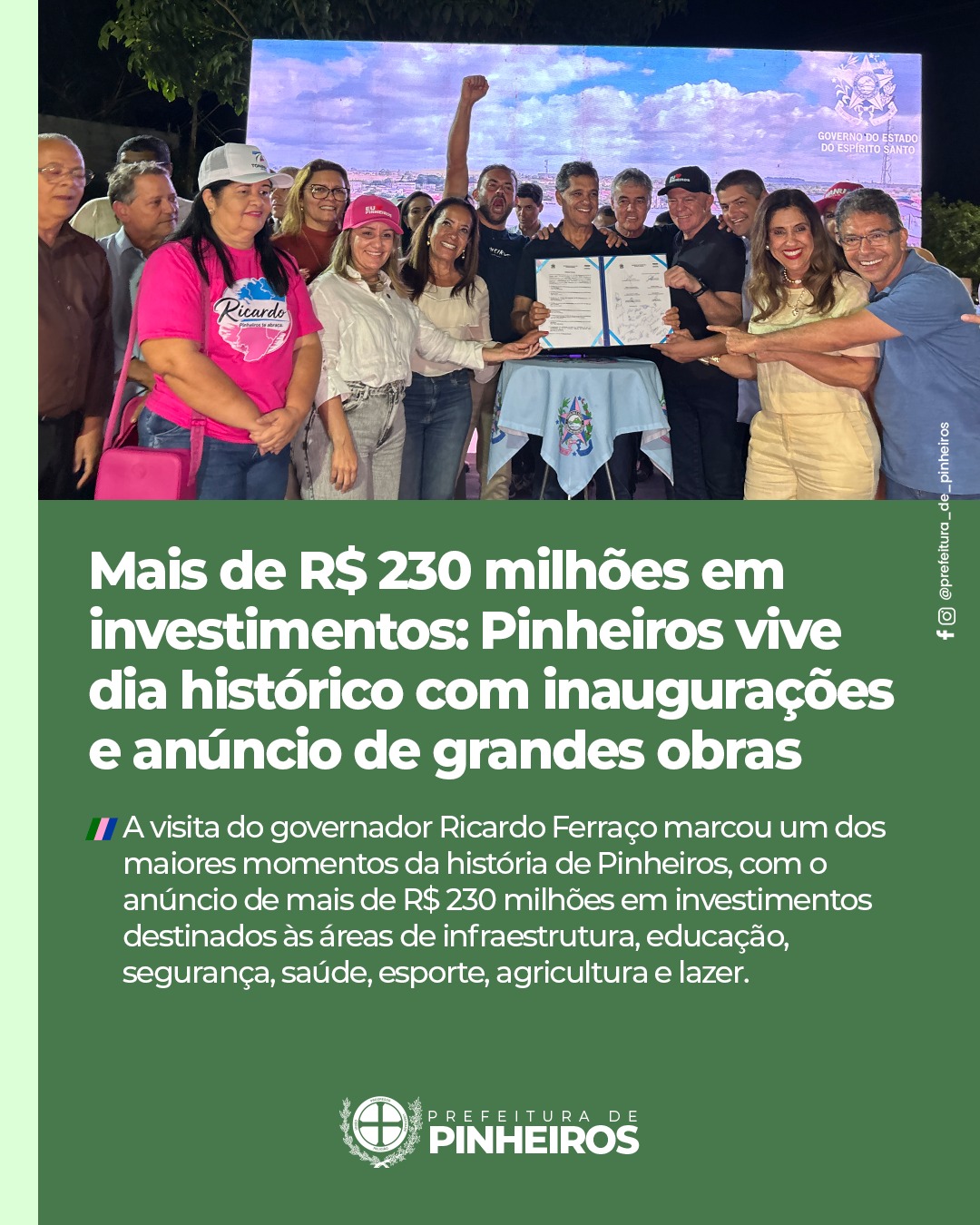 Mais de R$ 230 milhões em investimentos: Pinheiros vive dia histórico com inaugurações e anúncio de grandes obras