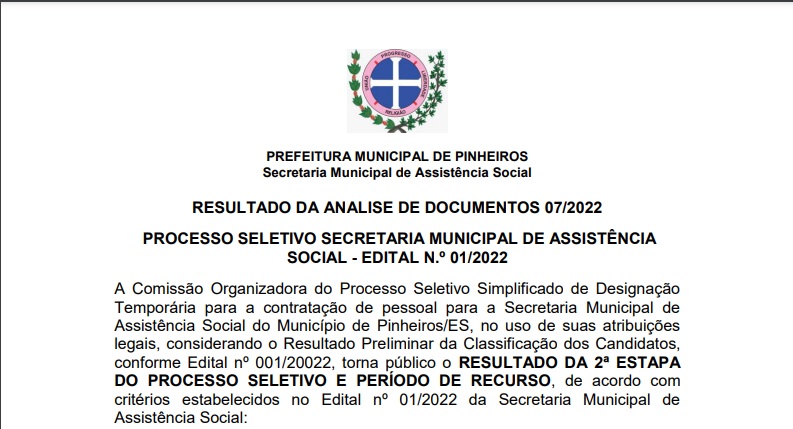 RESULTADO DA ANÁLISE DE DOCUMENTOS 07/2022 PROCESSO SELETIVO SECRETARIA MUNICIPAL DE ASSISTÊNCIA SOCIAL - EDITAL N.º 01/2022