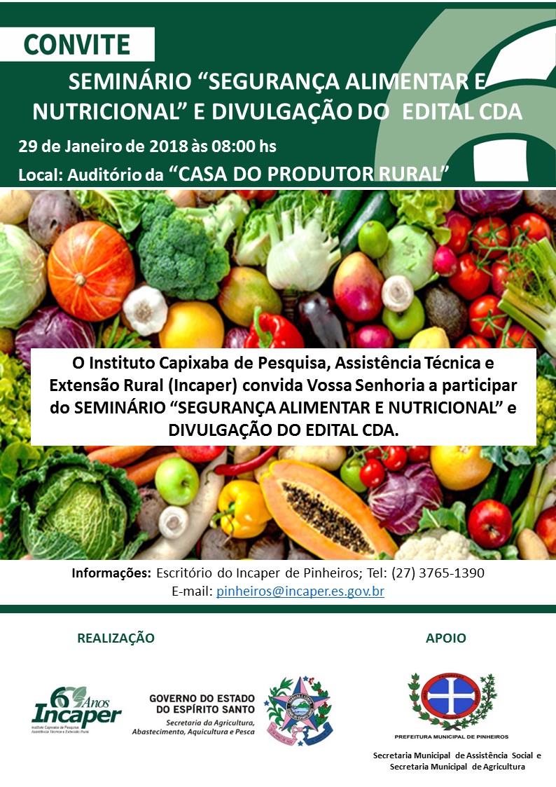 Pinheiros realizará Seminário de ‘Segurança Alimentar , Nutricional’ e divulgação do edital CDA