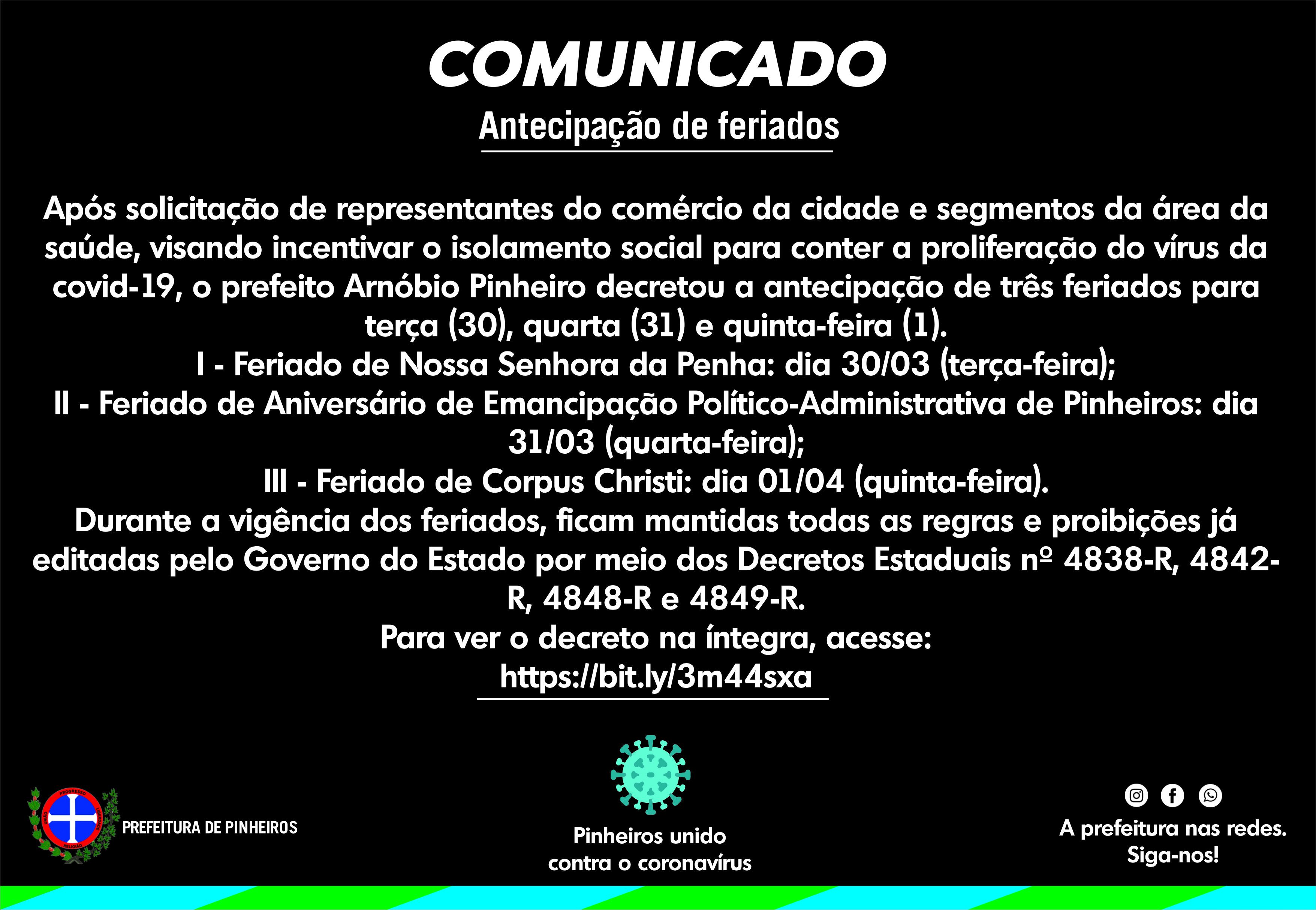 COMUNICADO - ANTECIPAÇÃO DE FERIADOS