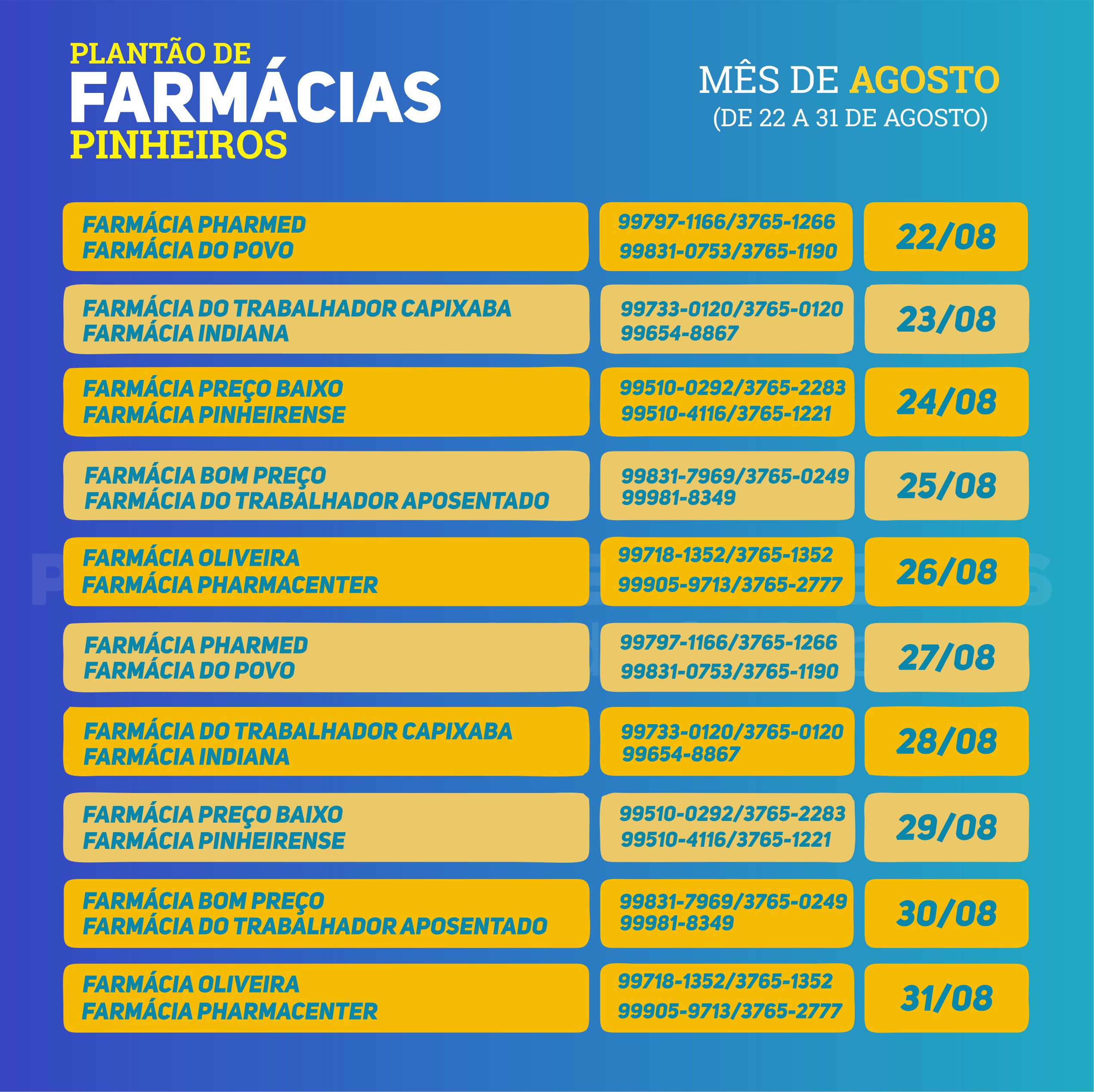 Calendário do Plantão de Farmácias do mês de AGOSTO