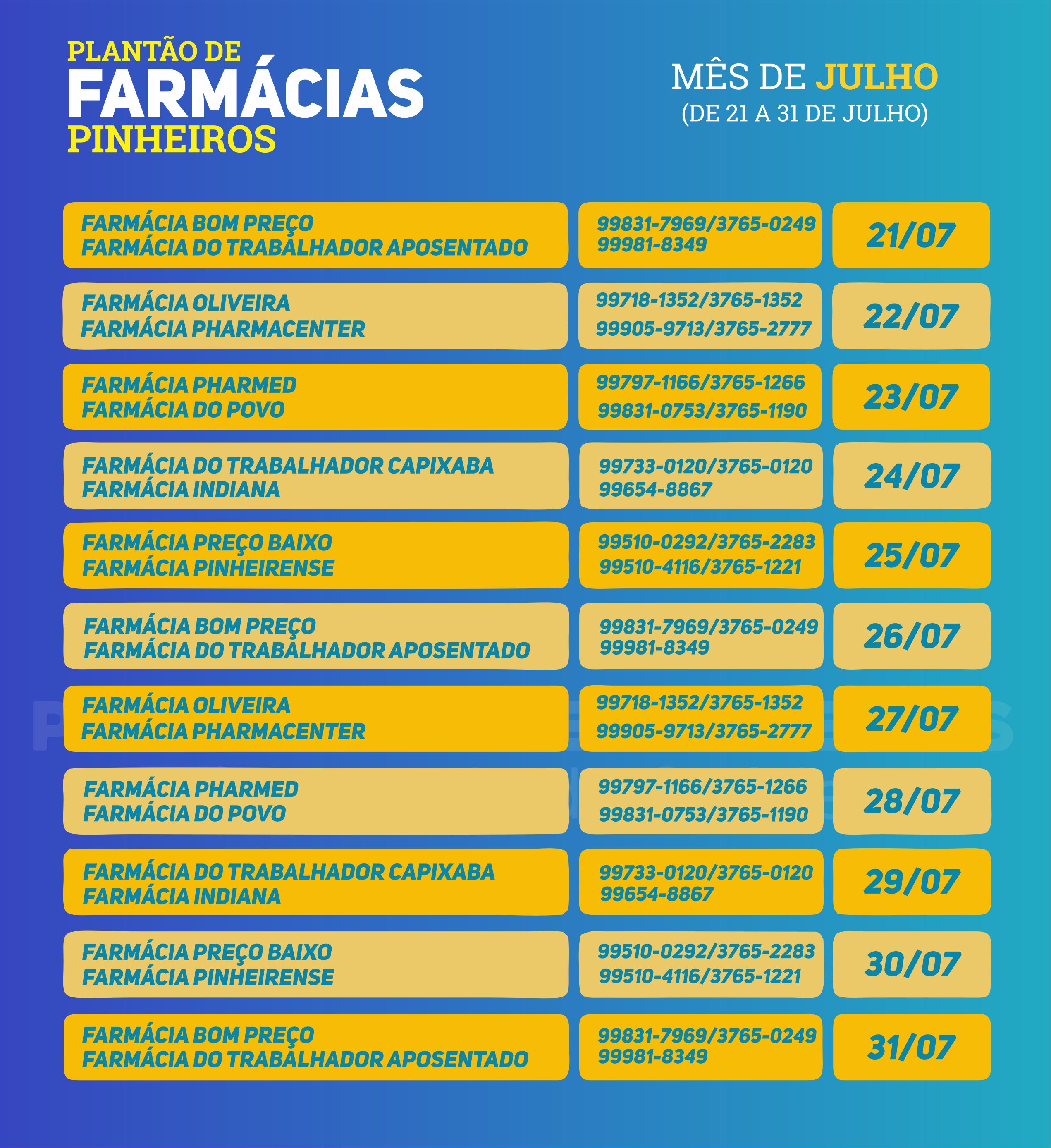 Calendário do Plantão de Farmácias do mês de julho