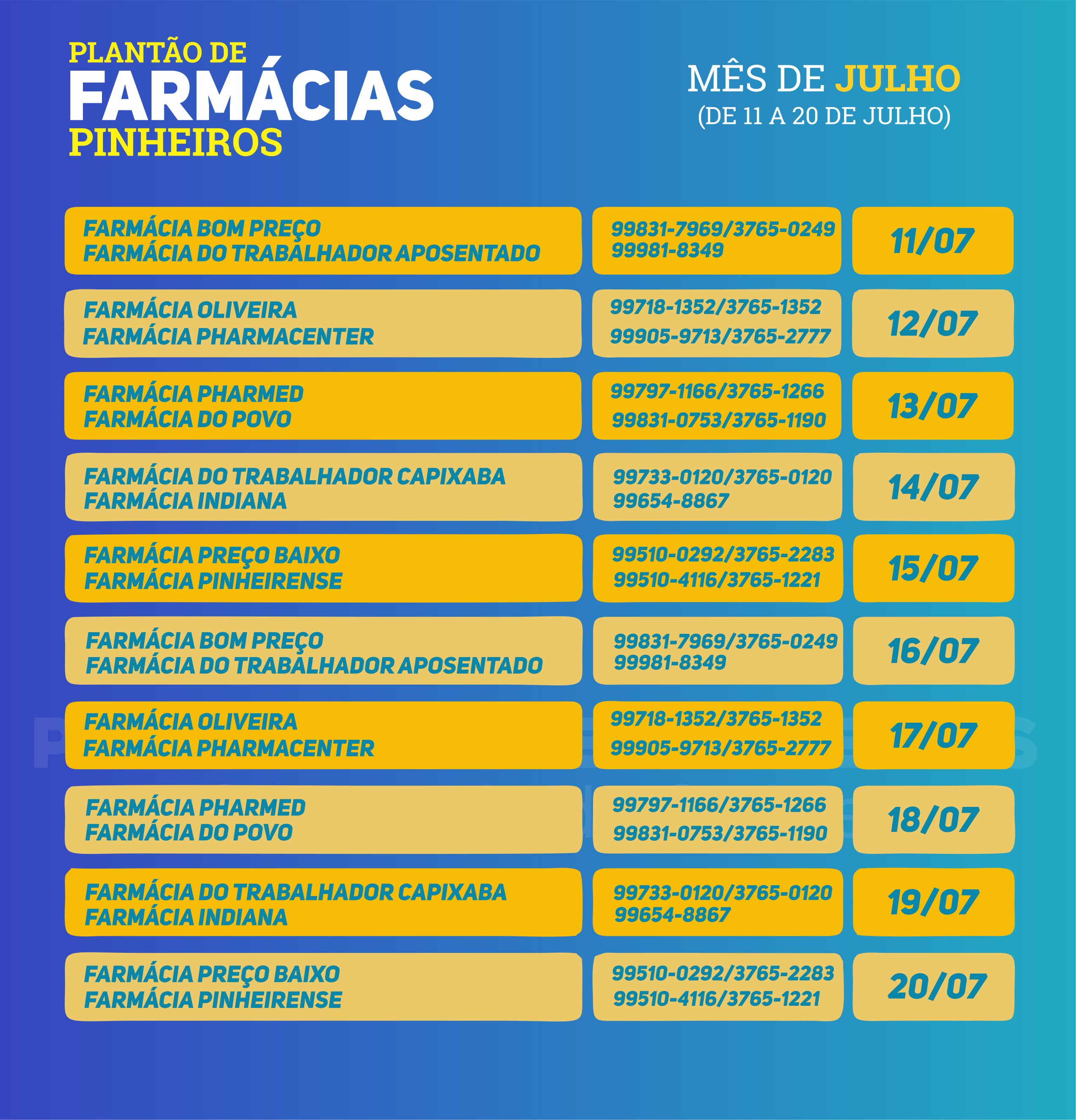 Calendário do Plantão de Farmácias do mês de JULHO
