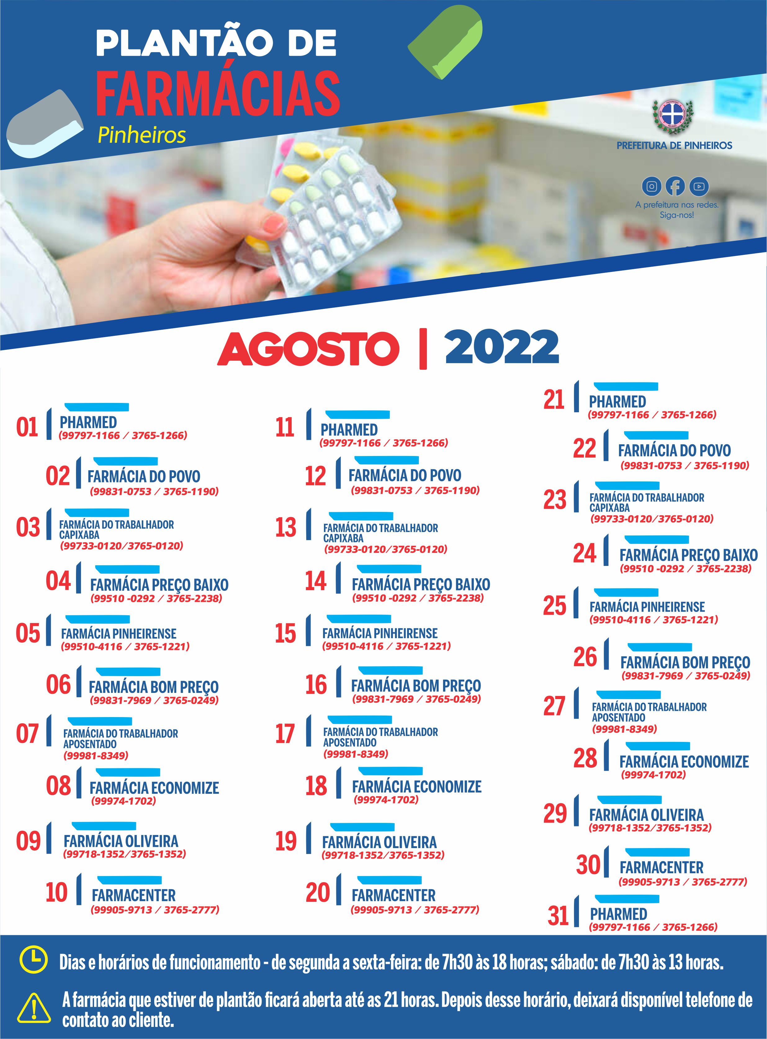 Calendário do Plantão de Farmácias do mês de agosto