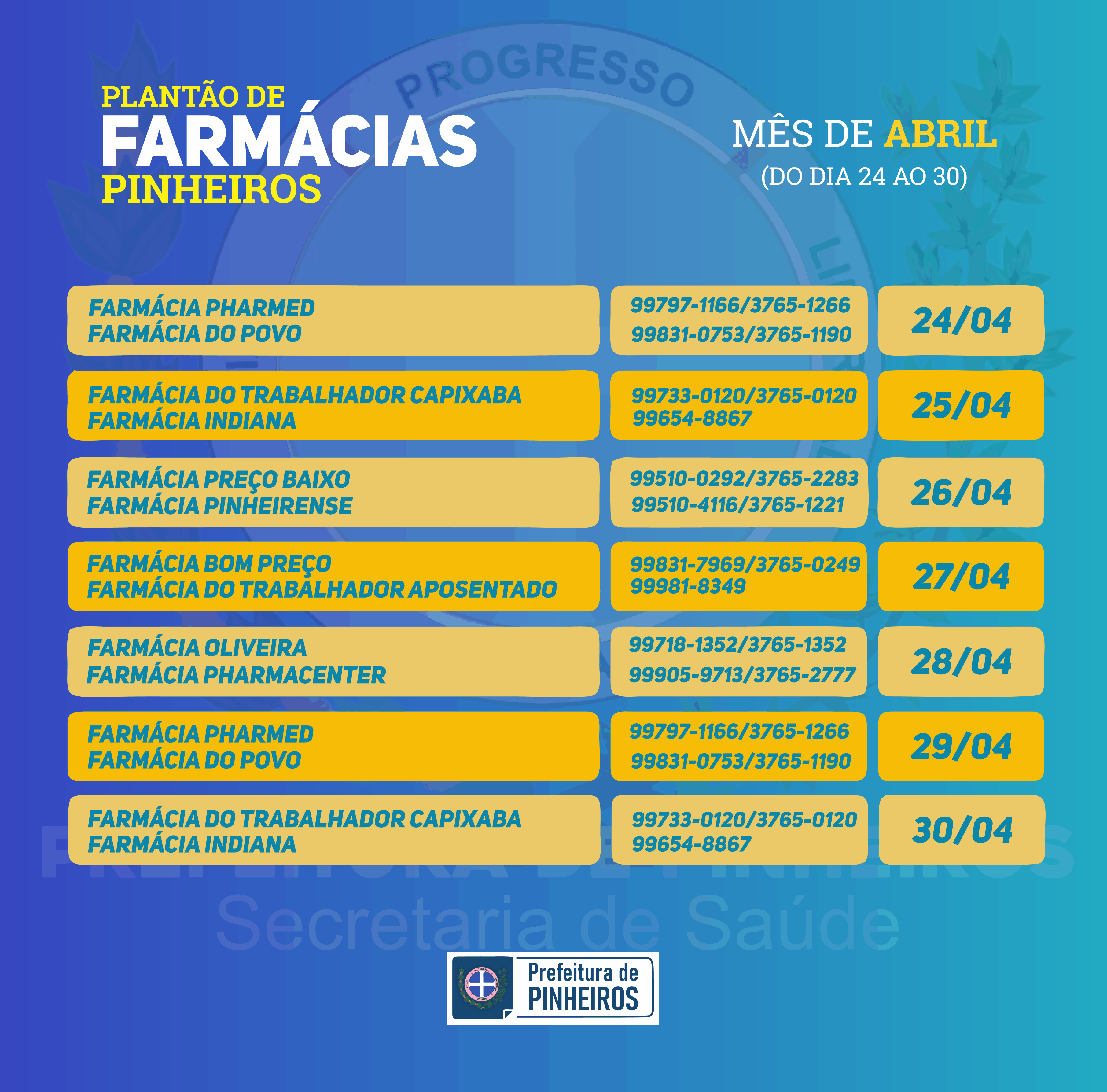 PRÓXIMOS DIAS do calendário do Plantão de Farmácias do mês de ABRIL