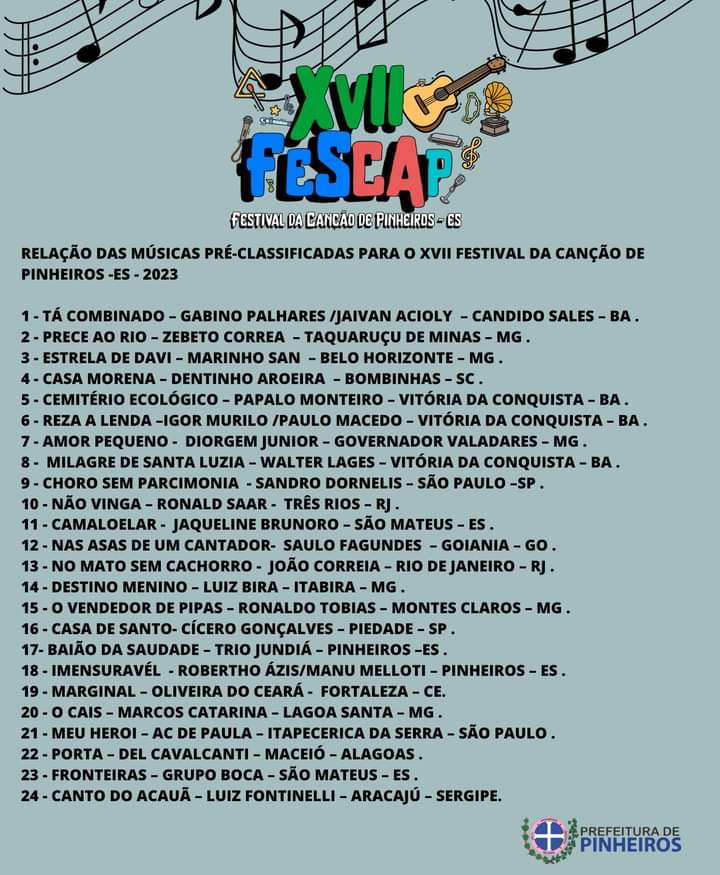 RELAÇÃO DAS MÚSICAS PRÉ-CLASSIFICADAS PARA O 17º FESCAP | 2023