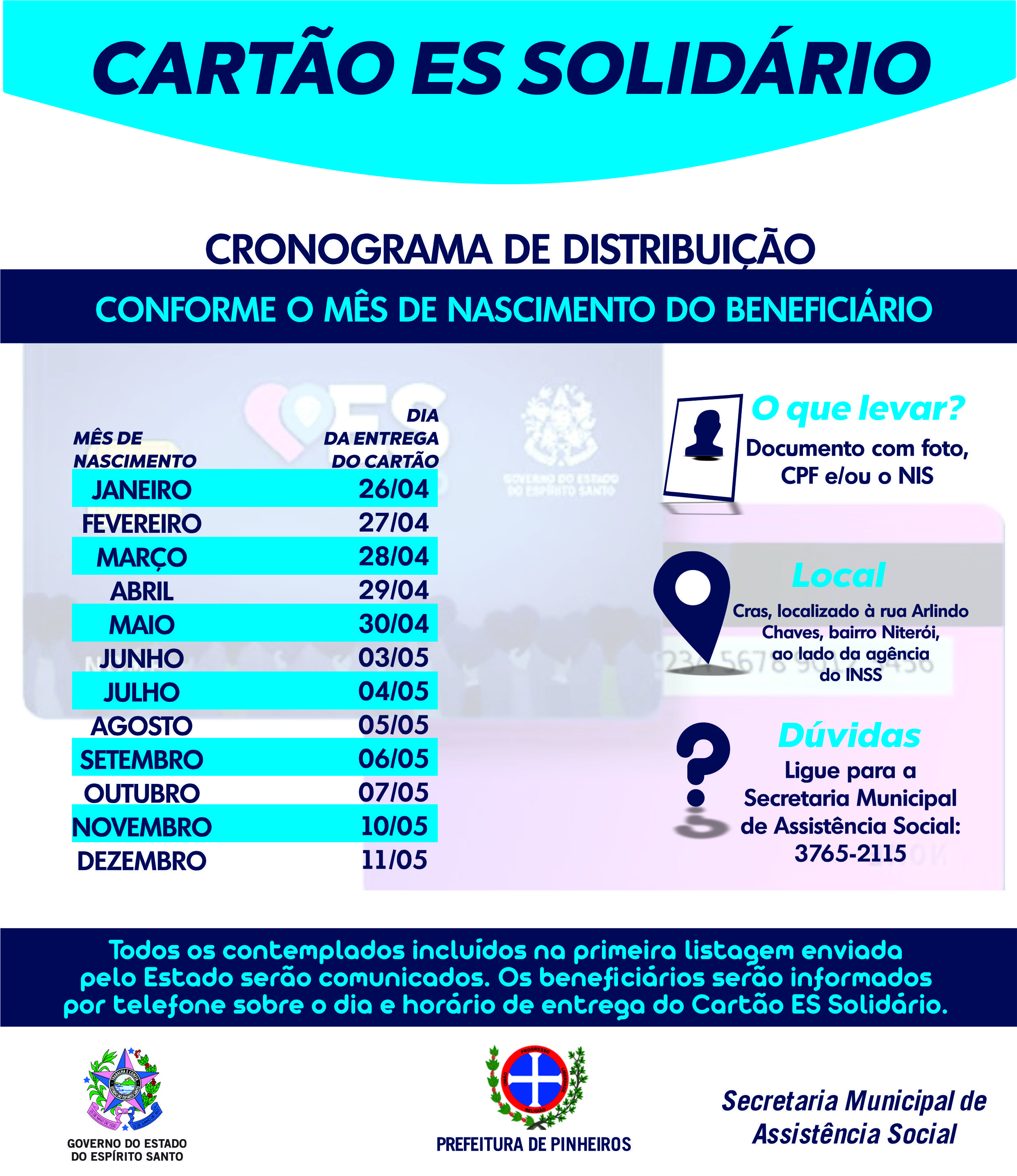 CARTÃO ES SOLIDÁRIO COMEÇA A SER ENTREGUE EM PINHEIROS; VEJA SE SEU NOME ESTÁ NA LISTA 