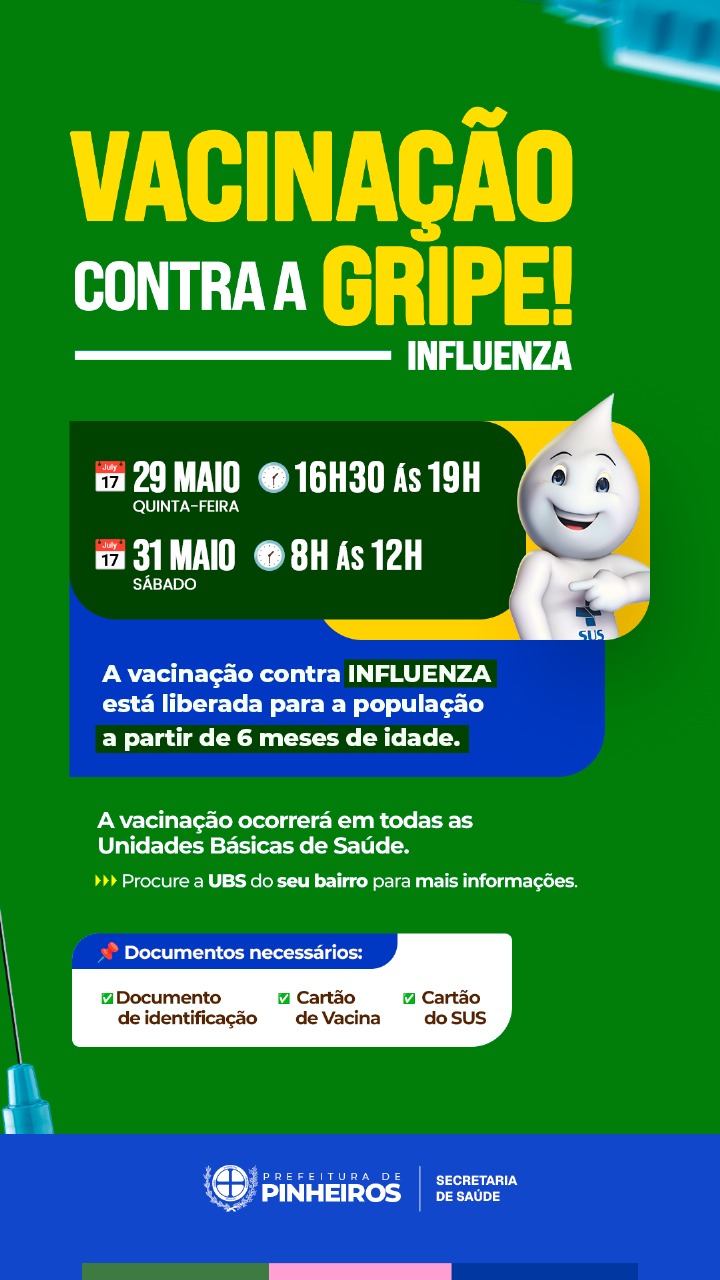 Pinheiros divulga dias e horários especiais para vacinação contra a gripe e facilita acesso da população