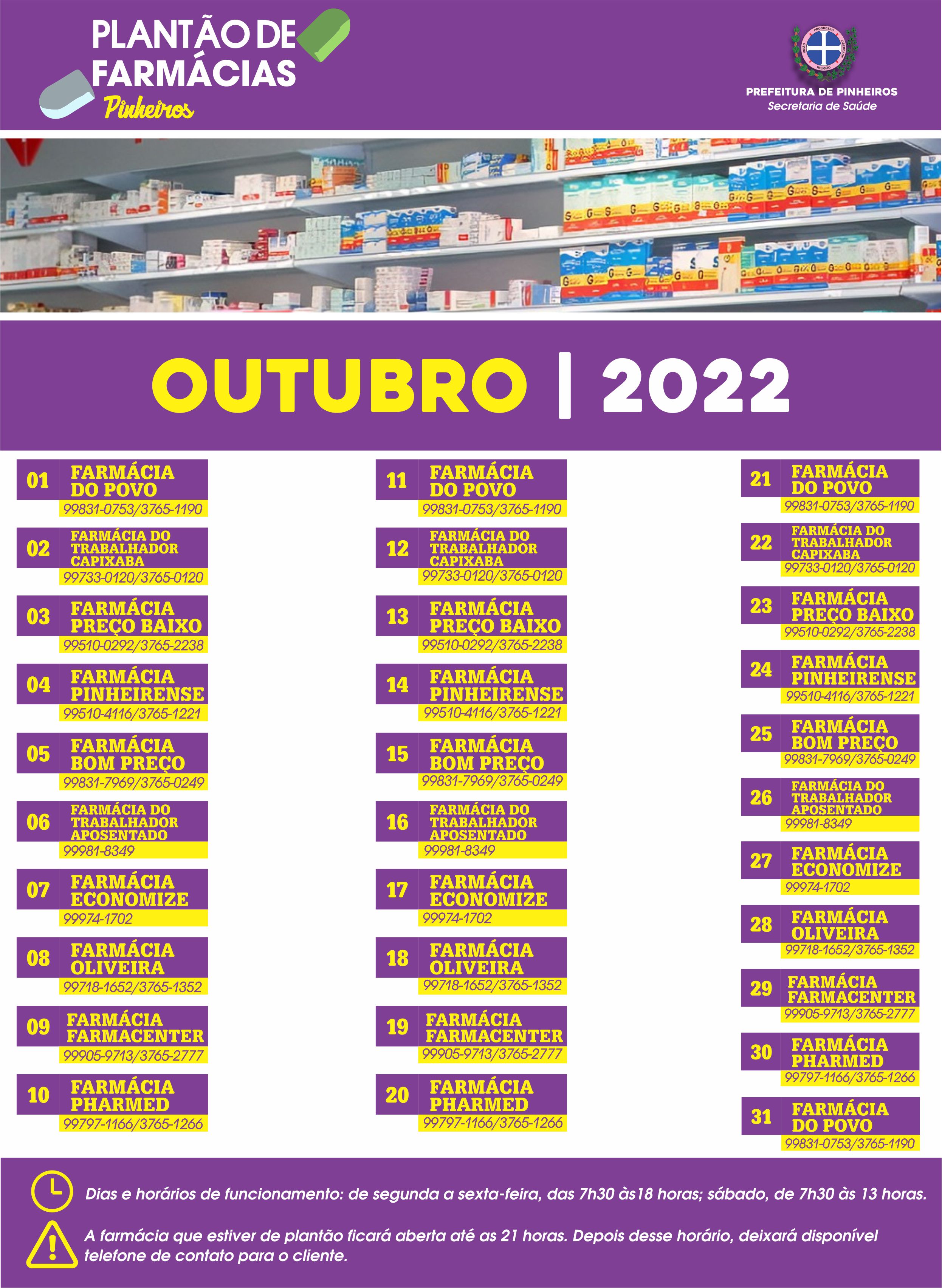 Calendário do Plantão de Farmácias do mês de outubro