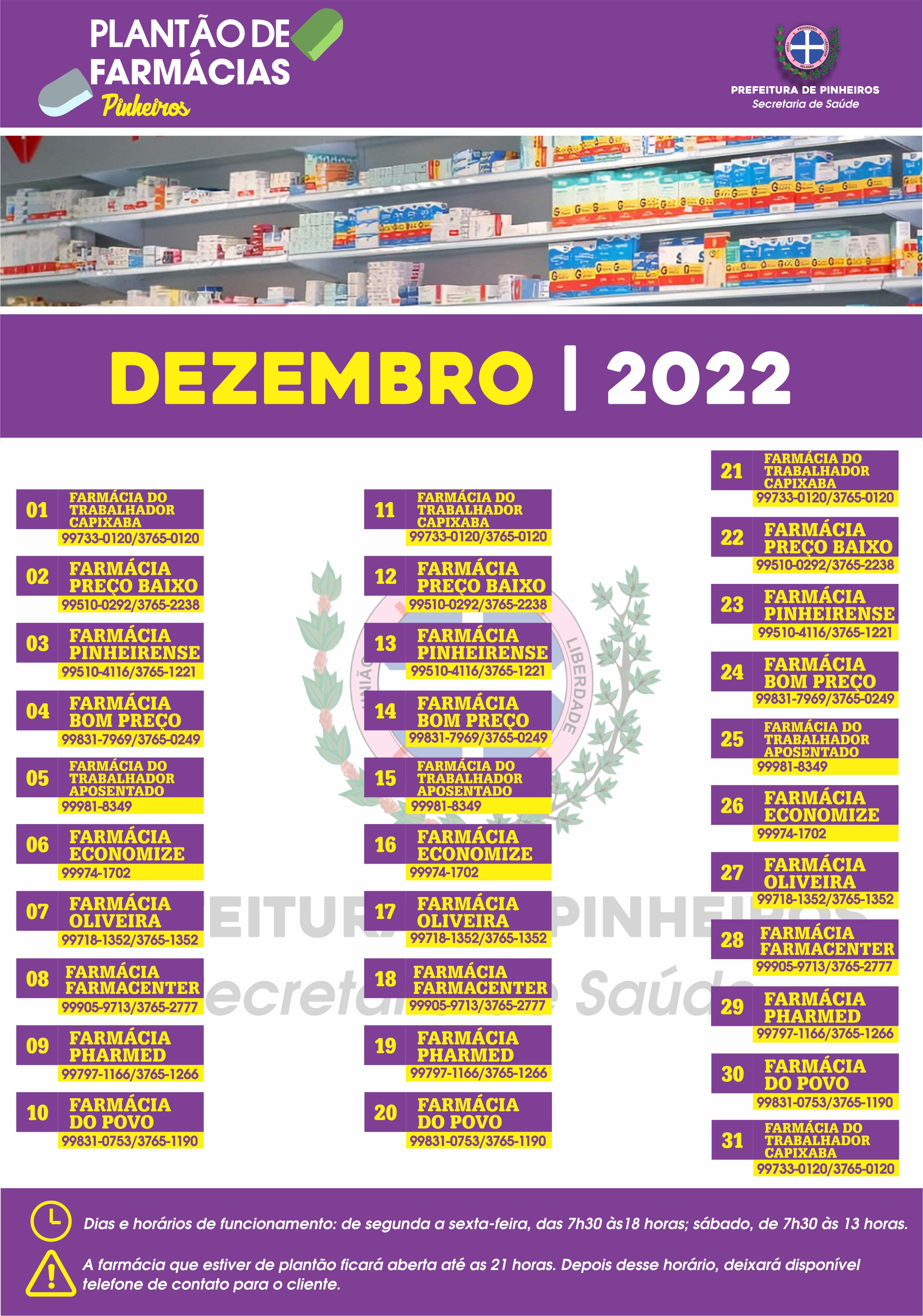 Calendário do Plantão de Farmácias do mês de dezembro
