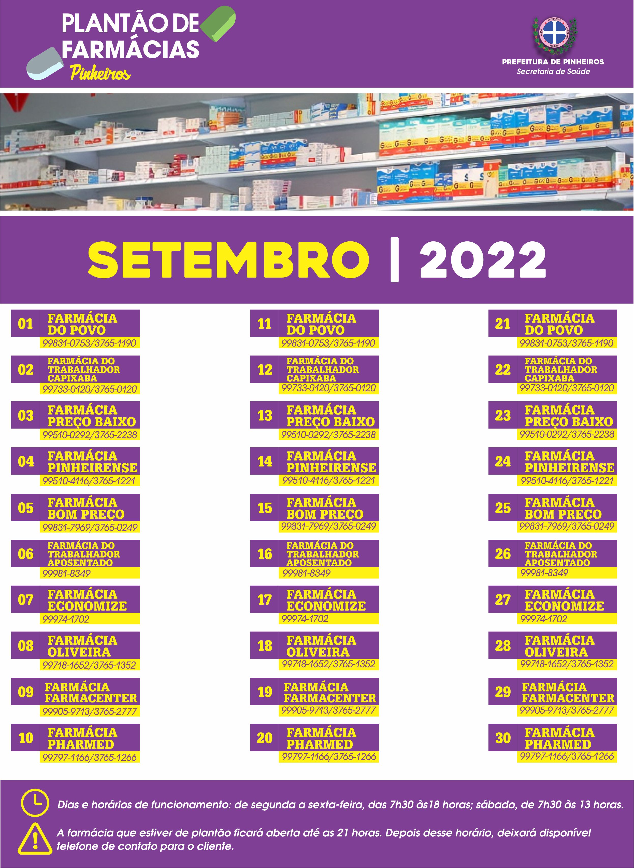 Plantão de Farmácias do mês de setembro