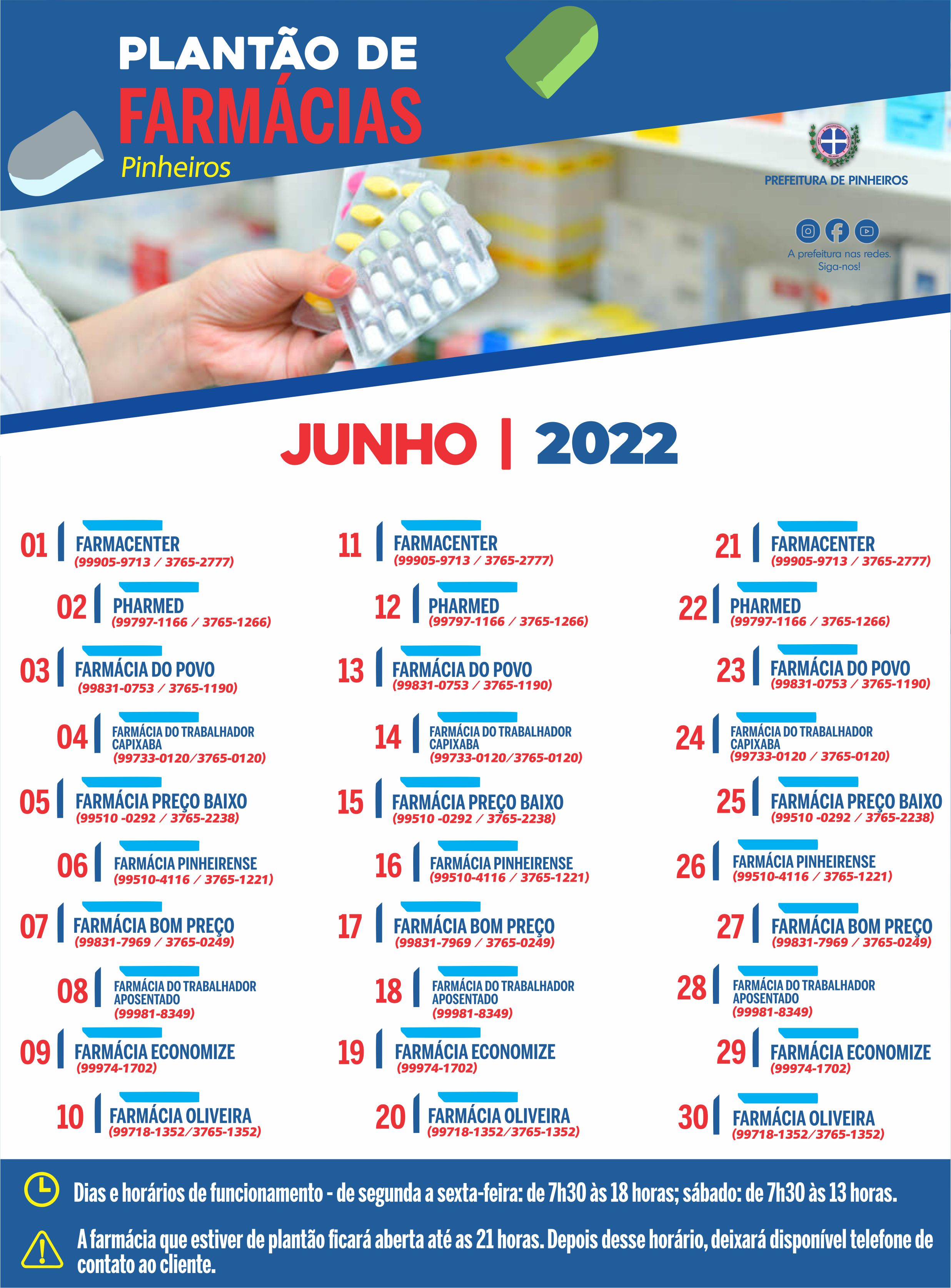CALENDÁRIO DO PLANTÃO DE FARMÁCIAS DE JUNHO