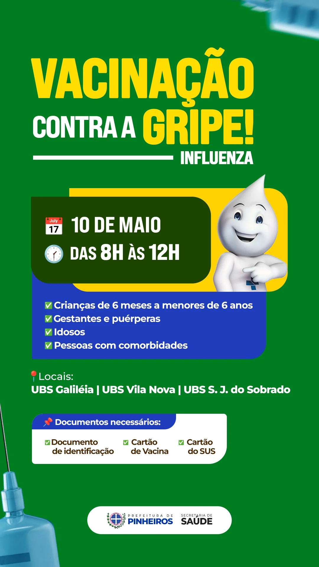 Pinheiros realiza vacinação contra a gripe no dia 10 de maio em três unidades de saúde