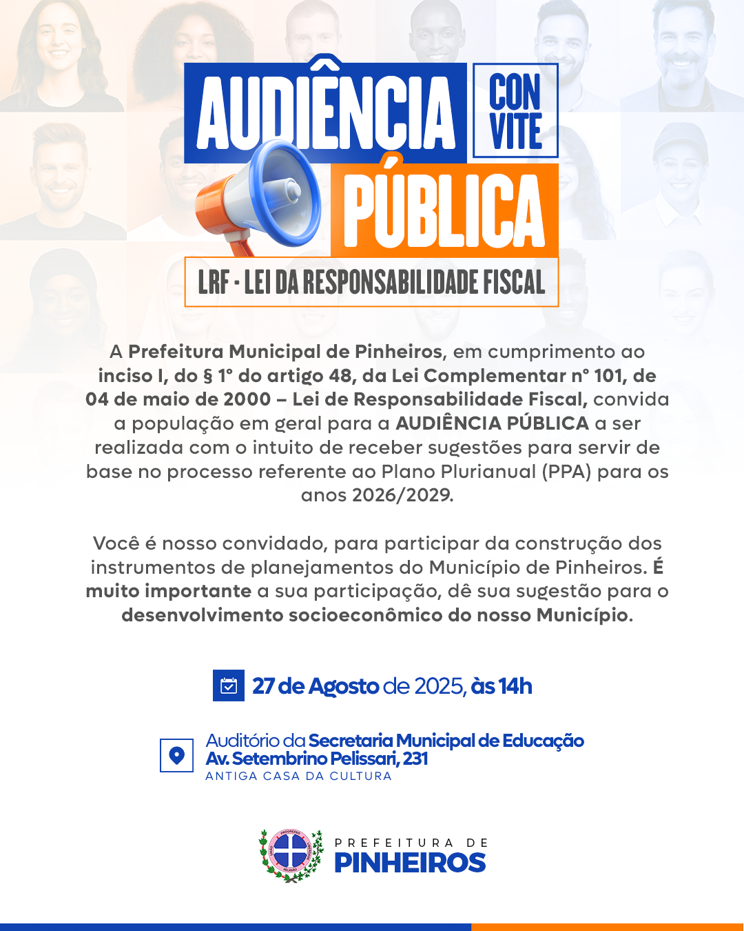 Prefeitura de Pinheiros convida população para audiência pública do PPA 2026-2029