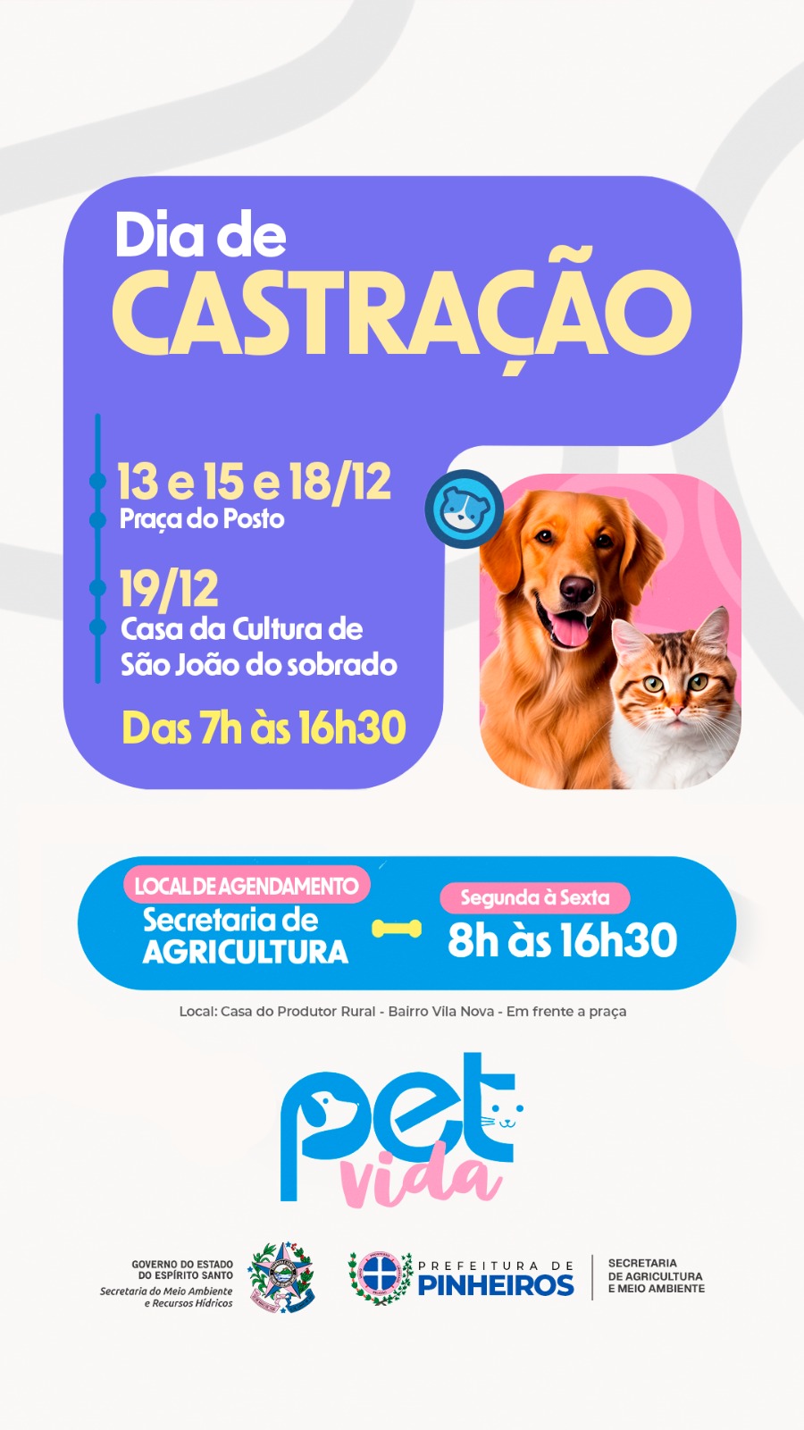 Mutirão de castração gratuita começa neste sábado (13) em Pinheiros