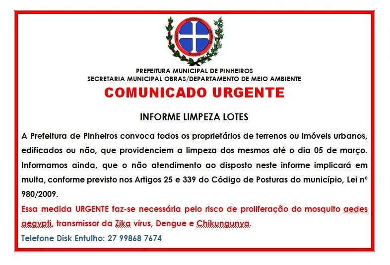 COMUNICADO URGENTE À POPULAÇÃO DE PINHEIROS