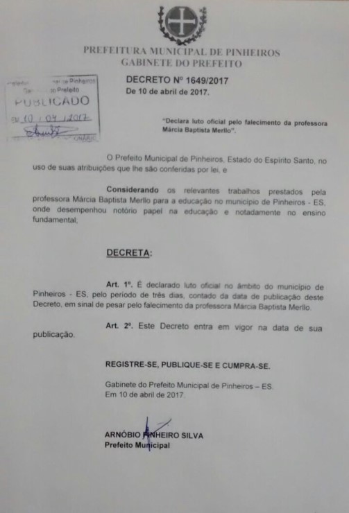 Luto Oficial pelo falecimento da Professora Márcia Baptista Merllo