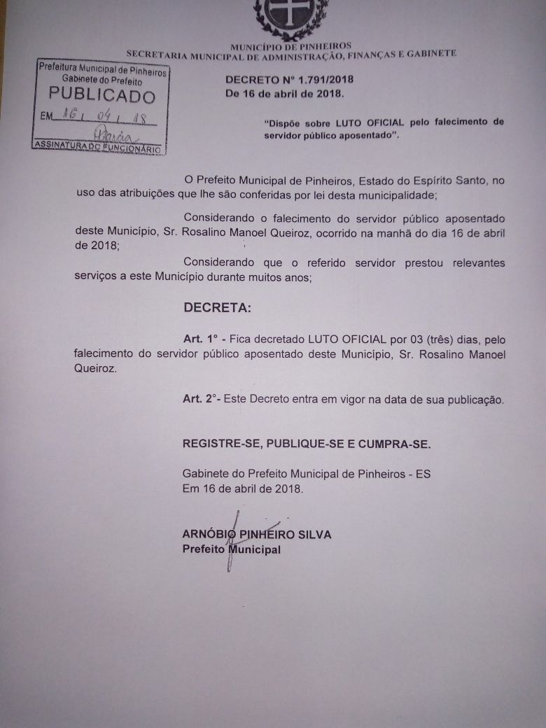 Arnóbio Pinheiro decreta luto oficial de três dias em virtude do falecimento de Vigilante aposentado
