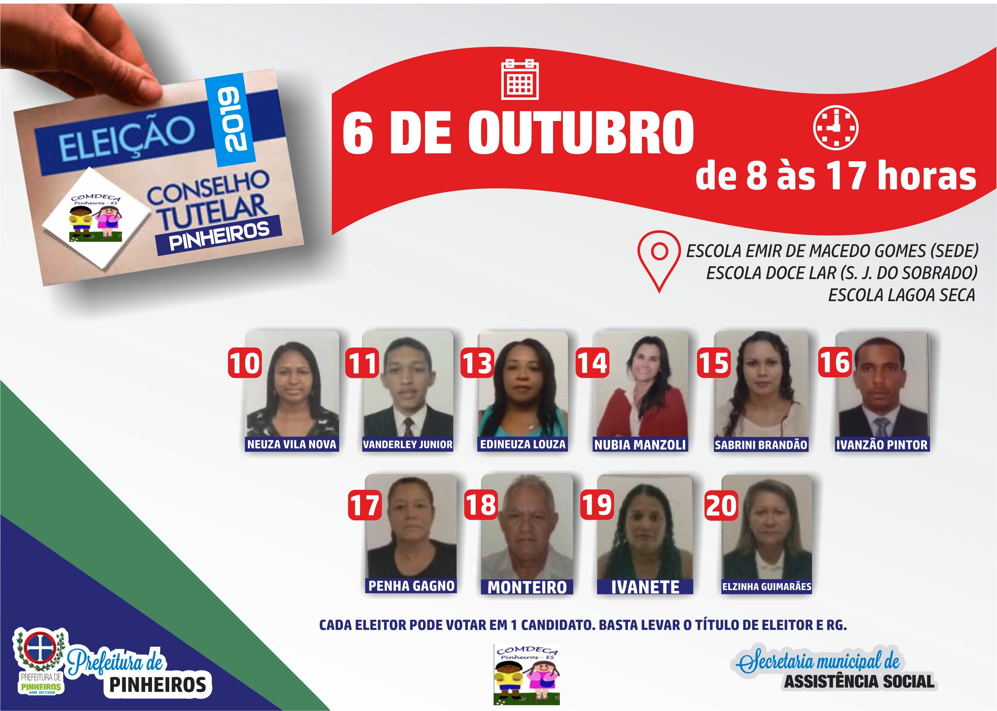 Saiba quem vai disputar a eleição do Conselho Tutelar de Pinheiros no dia 6 de outubro