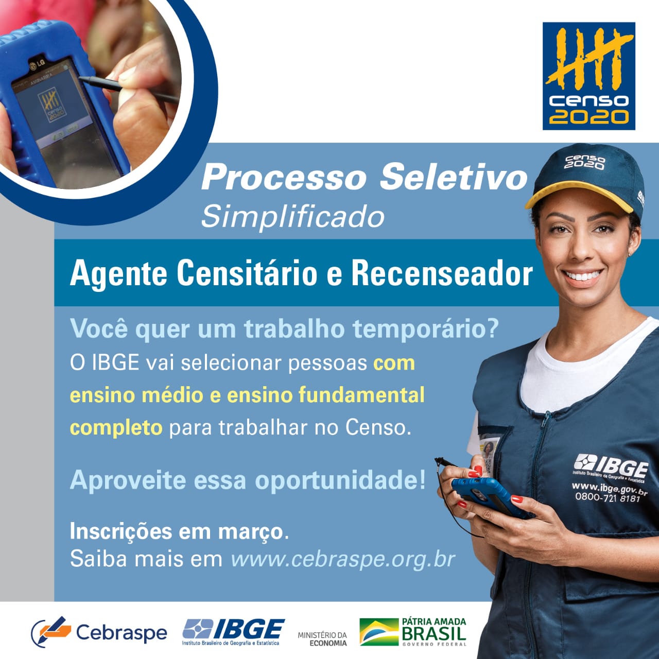 COM 28 VAGAS DESTINADAS A PINHEIROS, IBGE ANUNCIA PROCESSO SELETIVO PARA CENSO 2020